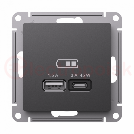 ATLASDESIGN USB РОЗЕТКА A + тип-C 45Вт высокоскор.заряд. QC, PD, механизм, БАЗАЛЬТ