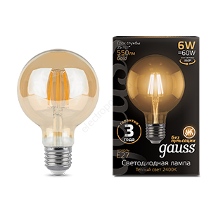 Лампа светодиодная LED 6 Вт 550 Лм 2400К теплая Е27 G95 golden Filament Gauss (105802006)