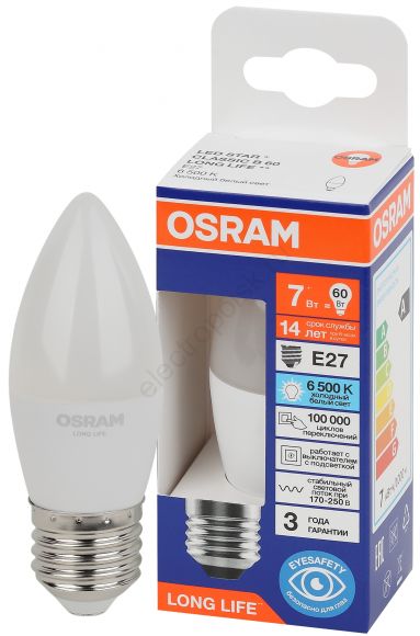 Лампа светодиодная LED 7Вт Е27 6500К 600Лм свеча 220В (замена 60Вт) OSRAM (4099854186394)