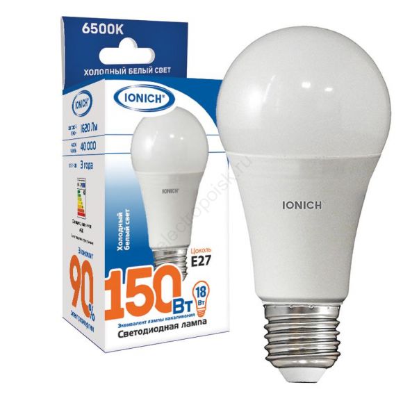 Лампа светодиодная LED 18w 6500К, E27, 1500Лм, A60 IONICH