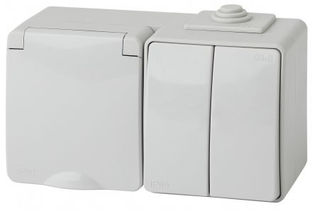 Блок розетка+выкл. двойн. гориз. IP65, 16A(10AX)-250В, ОУ, Эра Эксперт, серый, 11-7602-03