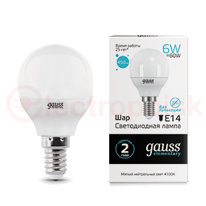 Лампа светодиодная LED 6 Вт 450 Лм 4100К белая Е14 Шар Elementary Gauss