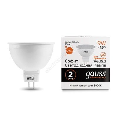 Лампа светодиодная LED 9 Вт 640 Лм 3000К теплая GU5.3 MR16 Elementary Gauss (13519)