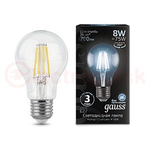 Лампа светодиодная LED 8 Вт 780 Лм 4100К белая Е27 А60 Filament Gauss