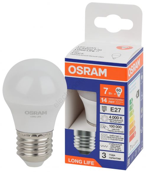 Лампа светодиодная LED 7Вт Е27 4000К 600Лм шар 220В (замена 60Вт) OSRAM (4099854186547)