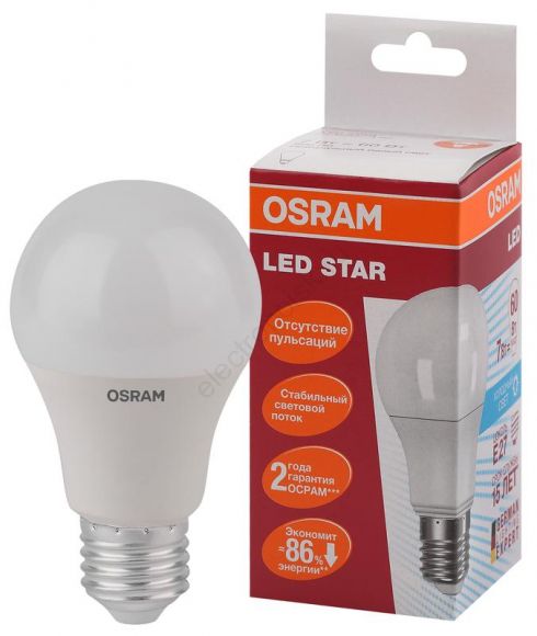 Лампа светодиодная LED 7Вт Е27 STAR ClassicA (замена 60Вт),нейтральный белый свет, матовая колба Osram