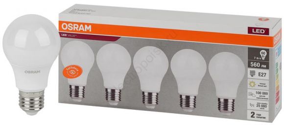 Лампа светодиодная LED 7 Вт E27 3000К 560Лм груша 220 В (замена 60Вт) OSRAM (4058075577626)