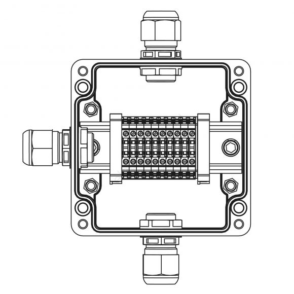 Взрывозащищенная клеммная коробка из полиэстера TBE-P-03-(10xCBC.2)-1xPABMP(A)-1xPABMP(C)-1xPABMP(D)1Ex e IIC Т5 Gb / Ex tb IIIC T95°C Db IP66 (1231.031.22.121W)