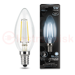 Лампа светодиодная LED 5 Вт 450 Лм 4100К белая Е14 Свеча Filament Gauss