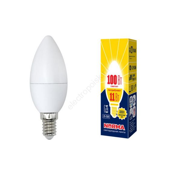 Лампа светодиодная LED-C37-11W/WW/E14/FR/NR Форма свеча, матовая. Серия Norma. Теплый белый свет (3000K). Картон. ТМ Volpe (UL-00003812)