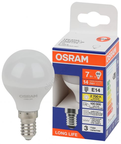 Лампа светодиодная LED 7Вт Е14 2700К 600Лм шар 220В (замена 60Вт) OSRAM (4099854186424)