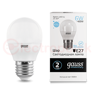 Лампа светодиодная LED 6 Вт 470 Лм 6500К холодная Е27 Шар Elementary Gauss