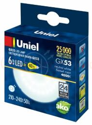Лампа светодиодная GX53 LED 6вт 210-240В 470Лм 4000К матовая Uniel Лампа светодиодная GX53 LED 6вт 210-240В 470Лм 4000К матовая Uniel