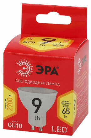Лампа светодиодная ECO LED MR16-9W-827-GU10  (диод, софит, 9Вт, тепл, GU10) (10/100/4000) ЭРА