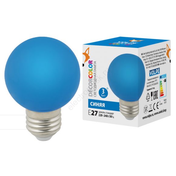 Лампа декоративная светодиодная LED-G60-3W/BLUE/E27/FR/С Форма шар матовая Цвет синий Картон ТМ Volpe (UL-00006957)