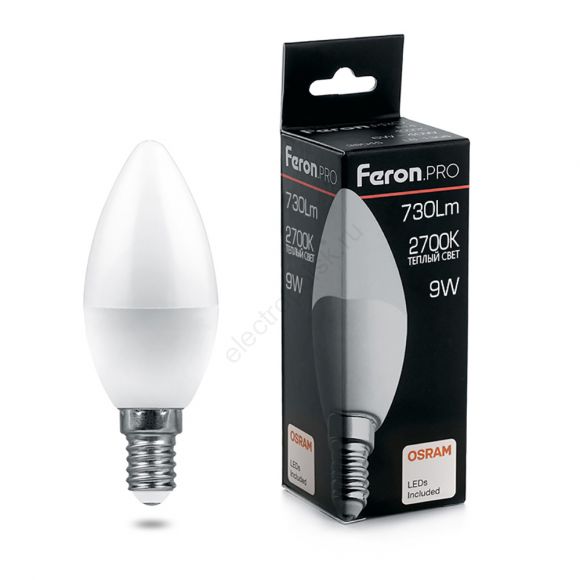 Лампа светодиодная LED 9вт Е14 теплый матовая свеча Feron.PRO (38059)