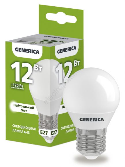 Лампа светодиодная G45 шар 12Вт 230В 4000К E27 GENERICA (LL-G45-12-230-40-E27-G)