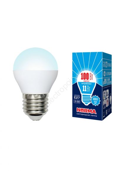 Лампа светодиодная LED-G45-11W/NW/E27/FR/NR Форма шар, матовая. Серия Norma. Белый свет (4000K). Картон. ТМ Volpe
