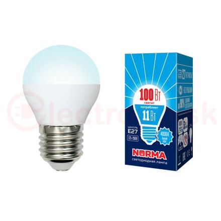 Лампа светодиодная LED-G45-11W/NW/E27/FR/NR Форма шар, матовая. Серия Norma. Белый свет (4000K). Картон. ТМ Volpe Лампа светодиодная LED-G45-11W/NW/E27/FR/NR Форма шар, матовая. Серия Norma. Белый свет (4000K). Картон. ТМ Volpe
