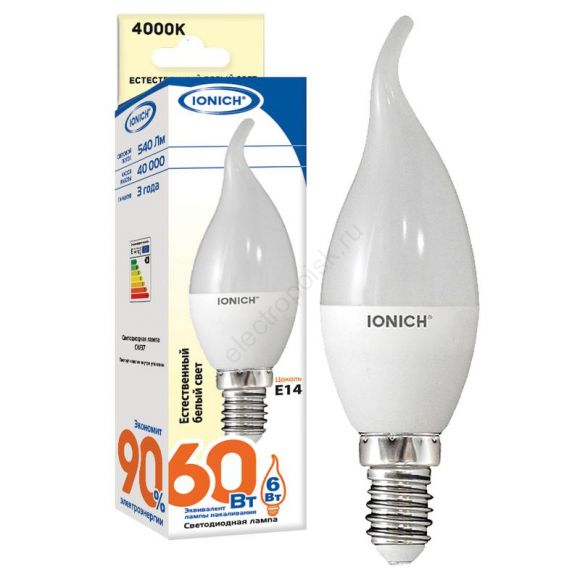 Лампа светодиодная LED 6w 4000К, E14, 540Лм, матовая свеча на ветру IONICH (1540)