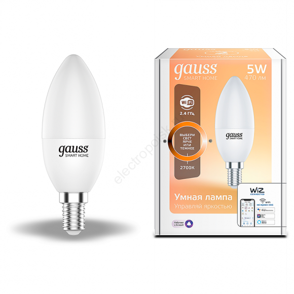 Лампа светодиодная умная LED 5 Вт 470 Лм 2700К Е14 свеча диммируемая управление по Wi-Fi Smart Home Gauss (1100112)