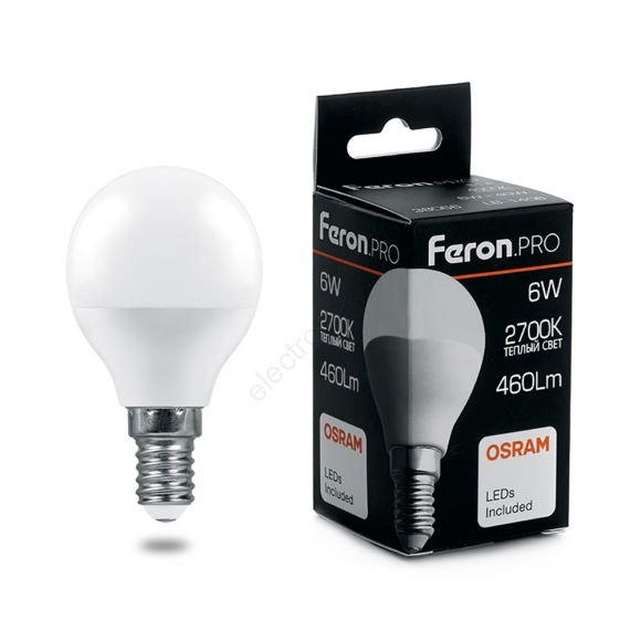 Лампа светодиодная LED 6вт Е14 теплый матовый шар Feron.PRO (38065)