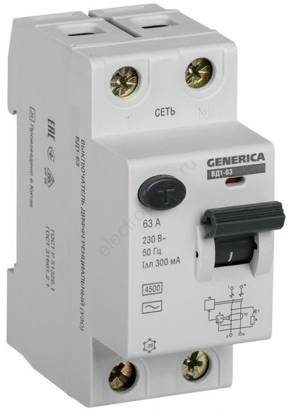 Выключатель дифференциального тока (УЗО) ВД1-63 2Р 63А 300мА GENERICA