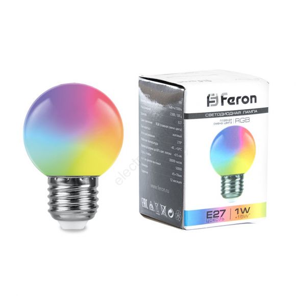 Лампа светодиодная LED 1вт Е27 RGB плавная смена цвета шар (38116)