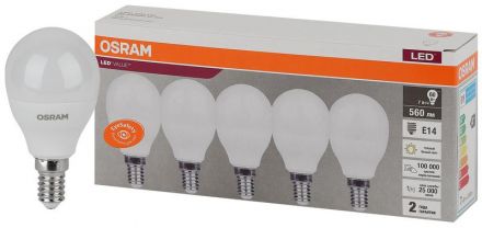 Лампа светодиодная LED 7 Вт E14 3000К 560Лм шарик 220 В (замена 60Вт) OSRAM