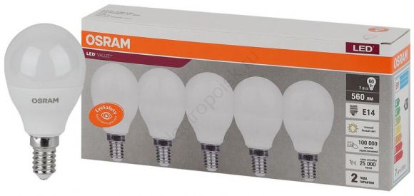 Лампа светодиодная LED 7 Вт E14 3000К 560Лм шарик 220 В (замена 60Вт) OSRAM (4058075578104)