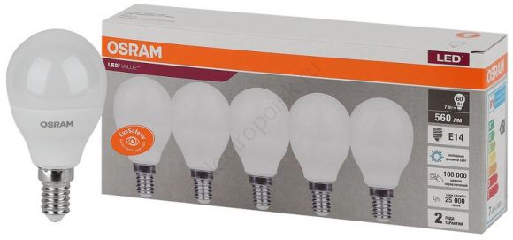 Лампа светодиодная LED 7 Вт E14 6500К 560Лм шарик 220 В (замена 60Вт) OSRAM (4058075578166)
