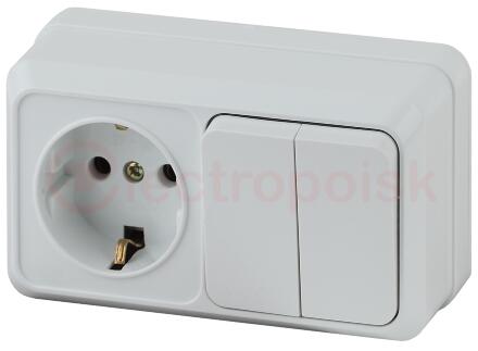 Блок розетка с выключателем Intro Quadro 2-702-01 двойным горизонтальный 10(16)А-250В, IP20, ОУ, белый