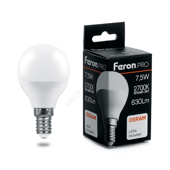 Лампа светодиодная LED 7.5вт Е14 теплый матовый шар Feron.PRO (38071)