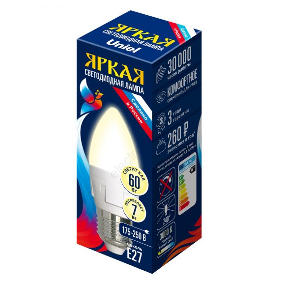 Лампа светодиодная LED 7вт 175-250В свеча матовая 600Лм Е27 3000К Uniel ЯРКАЯ (UL-00002414)