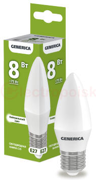 Лампа светодиодная C35 свеча 8Вт 230В 4000К E27 GENERICA Лампа светодиодная C35 свеча 8Вт 230В 4000К E27 GENERICA