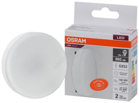 Лампа светодиодная LED 12 Вт GX53 4000К 960Лм таблетка 220 В (замена 100Вт) OSRAM (4058075582187)