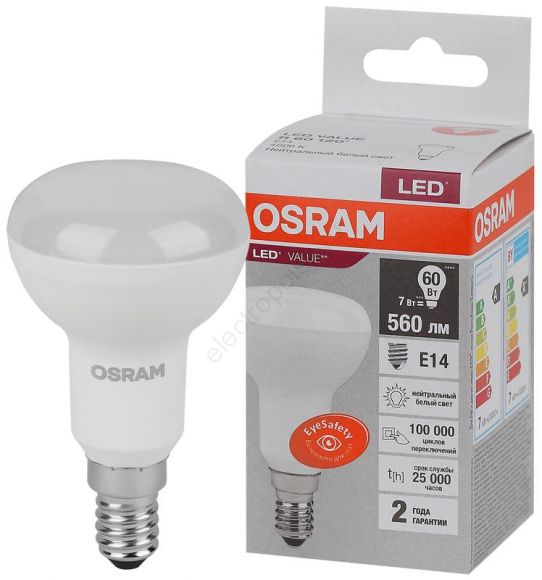 Лампа светодиодная LED 7 Вт E14 4000К 560Лм гриб 220 В (замена 60Вт) OSRAM (4058075581692)