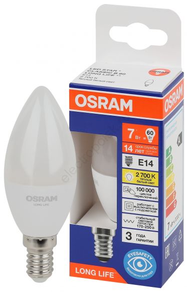 Лампа светодиодная LED 7Вт Е14 2700К 600Лм свеча 220В (замена 60Вт) OSRAM (4099854186240)
