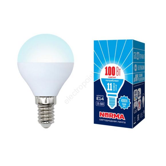 Лампа светодиодная LED-G45-11W/NW/E14/FR/NR Форма шар, матовая. Серия Norma. Белый свет (4000K). Картон. ТМ Volpe