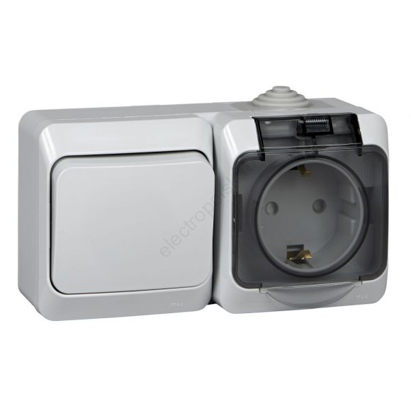 ЭТЮД Блок Выключатель одноклавишный/Розетка наружная с заземлением со шторками IP44 серый BPA16-241C