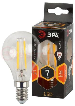 Лампа светодиодная филаментная F-LED P45-7W-827-E14 (филамент, шар, 7Вт, тепл, E14 (10/100/2400) ЭРА Лампа светодиодная филаментная F-LED P45-7W-827-E14 (филамент, шар, 7Вт, тепл, E14 (10/100/2400) ЭРА