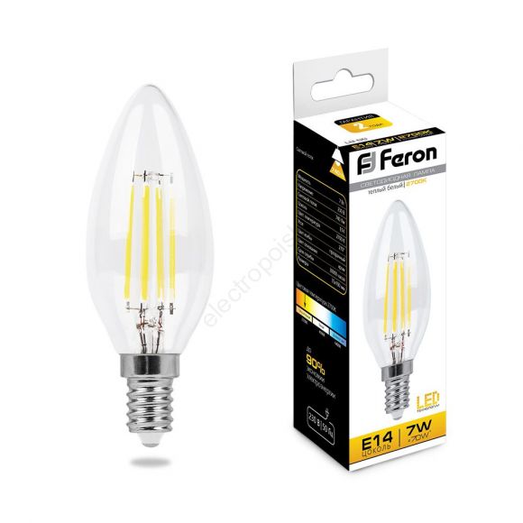 Лампа светодиодная LED 7вт Е14 теплый свеча FILAMENT (25726)