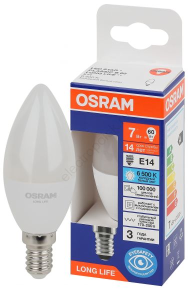Лампа светодиодная LED 7Вт Е14 6500К 600Лм свеча 220В (замена 60Вт) OSRAM (4099854186301)
