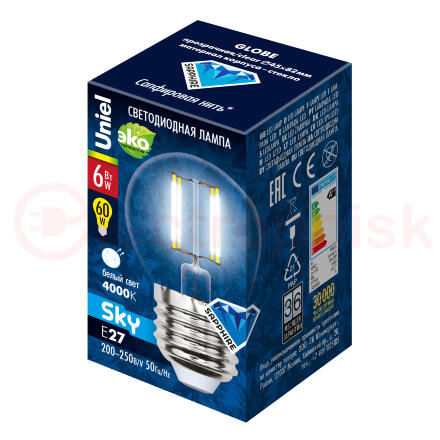 Лампа светодиодная LED 6вт 200-250В шар прозрачное 500Лм Е27 4000К Uniel Sky филамент