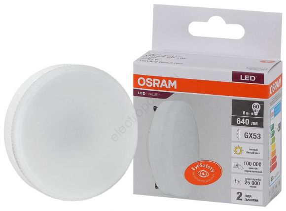 Лампа светодиодная LED 8 Вт GX53 3000К 640Лм таблетка 220 В (замена 60Вт) OSRAM (4058075582248)