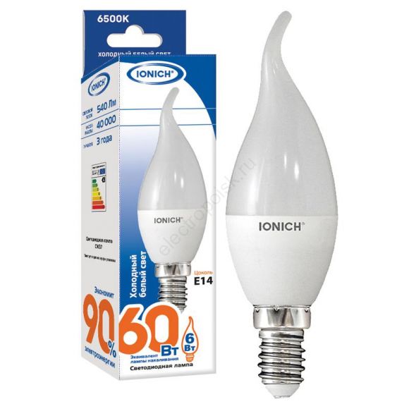 Лампа светодиодная LED 6w 6500К, E14, 540Лм, матовая свеча на ветру IONICH (1608)