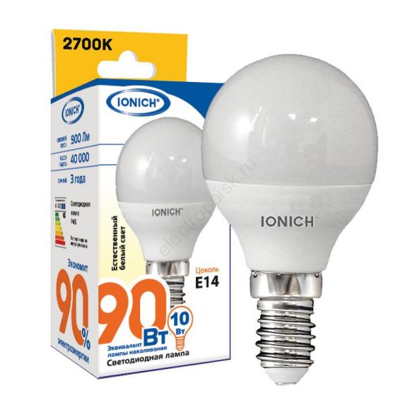 Лампа светодиодная LED 10w 4000К, E14, 900Лм, матовая, шар IONICH (1556)
