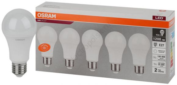 Лампа светодиодная LED 15 Вт E27 4000К 1200Лм груша 220 В (замена 125Вт) OSRAM паковка 5 штук (4058075577831)
