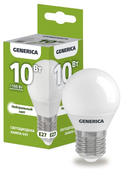 Лампа светодиодная G45 шар 10Вт 230В 4000К E27 GENERICA (LL-G45-10-230-40-E27-G)