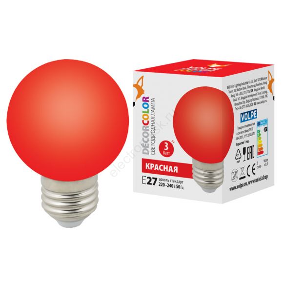 Лампа декоративная светодиодная LED-G60-3W/RED/E27/FR/С Форма шар матовая Цвет красный Картон ТМ Volpe (UL-00006959)